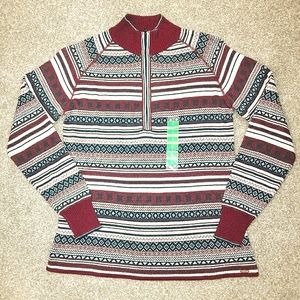 NWT Sz L Eddie Bauer Cranberry Fair Isle 1/4 Zip Sweater